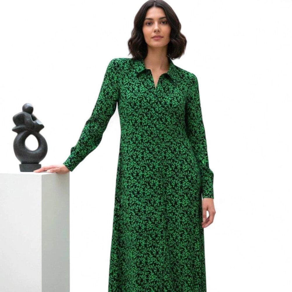 ZARA Green Black Leaf Floral Print Maxi Shirt Dress Long Sleeve Viscose Small